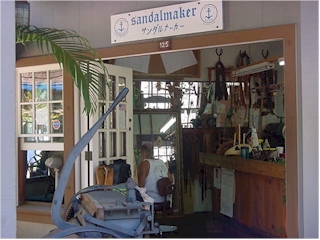 Michael 

inside his store making leather sandals in Lahaina, Maui